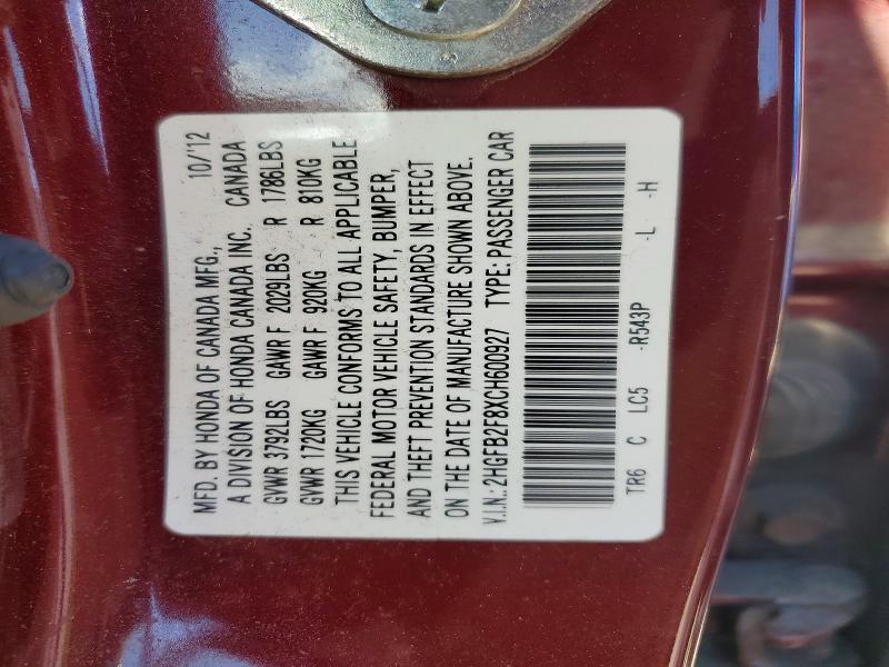 65758856 :رقم المزاد ، 2HGFB2F8XCH600927 vin ، 2012 Honda Civic مزاد بيع