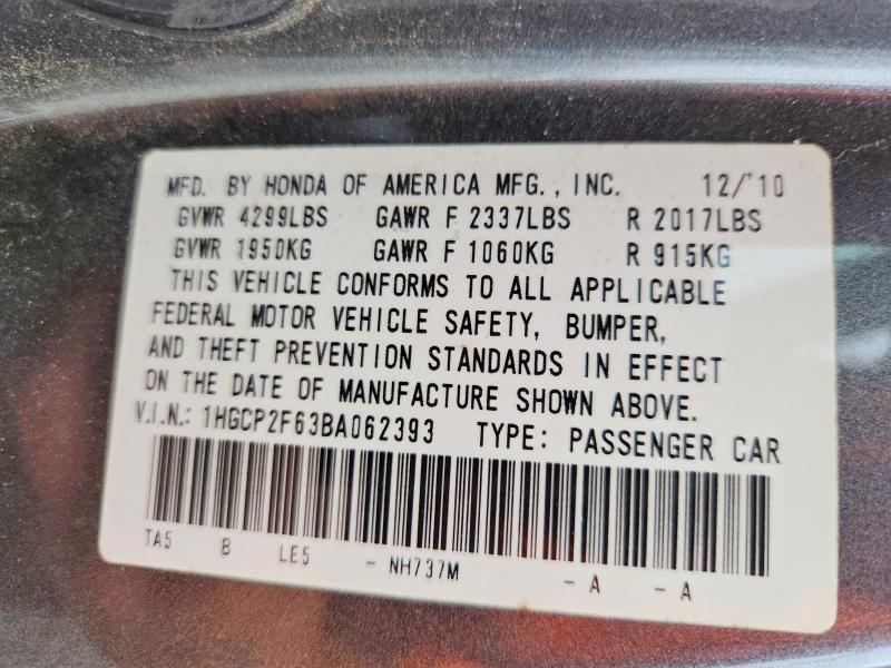 Aukcja sprzedaży 2011 Honda Accord, vin: 1HGCP2F63BA062393, numer aukcji: 65038496