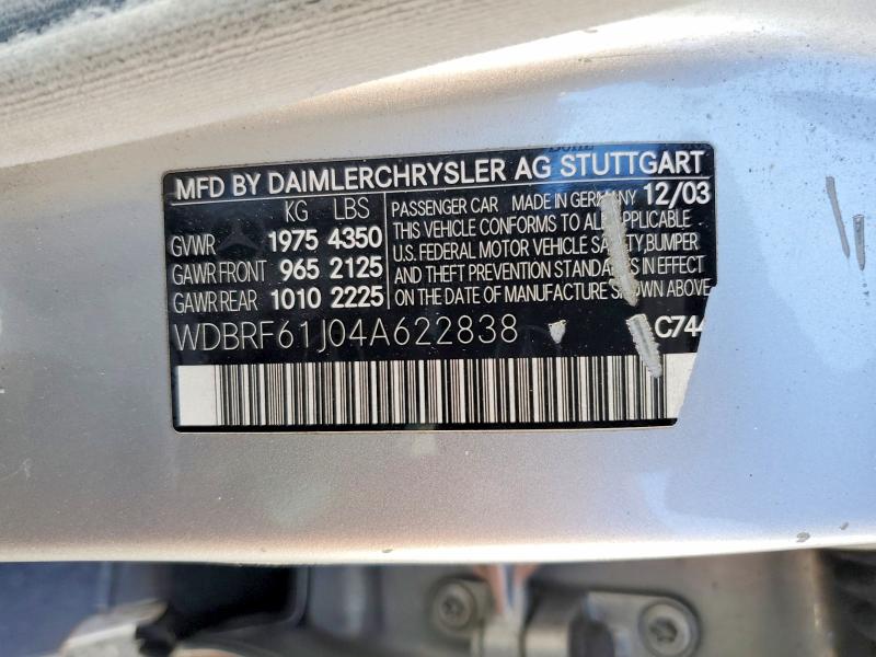 2004 Mercedes-benz C მანქანა იყიდება აუქციონზე, vin: WDBRF61J04A622838, აუქციონის ნომერი: 62396886