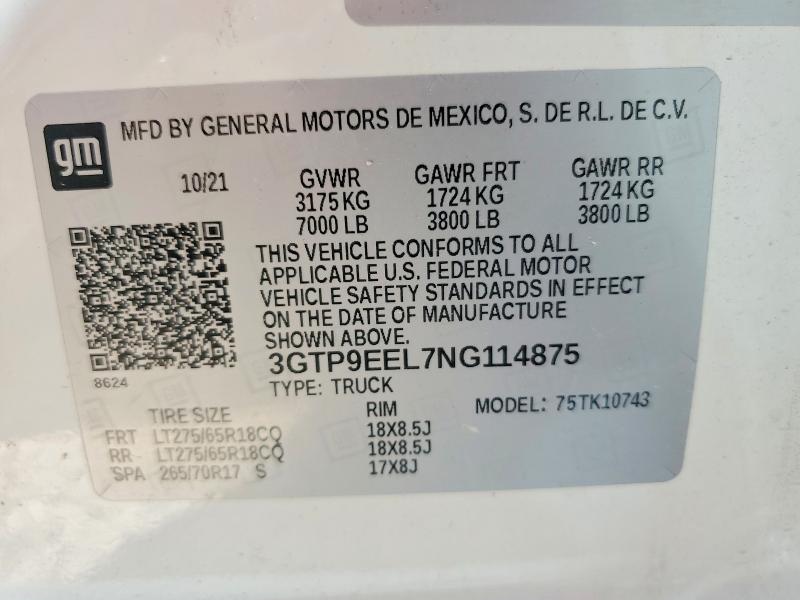 Aukcja sprzedaży 2022 Gmc Sierra, vin: 3GTP9EEL7NG114875, numer aukcji: 64556886