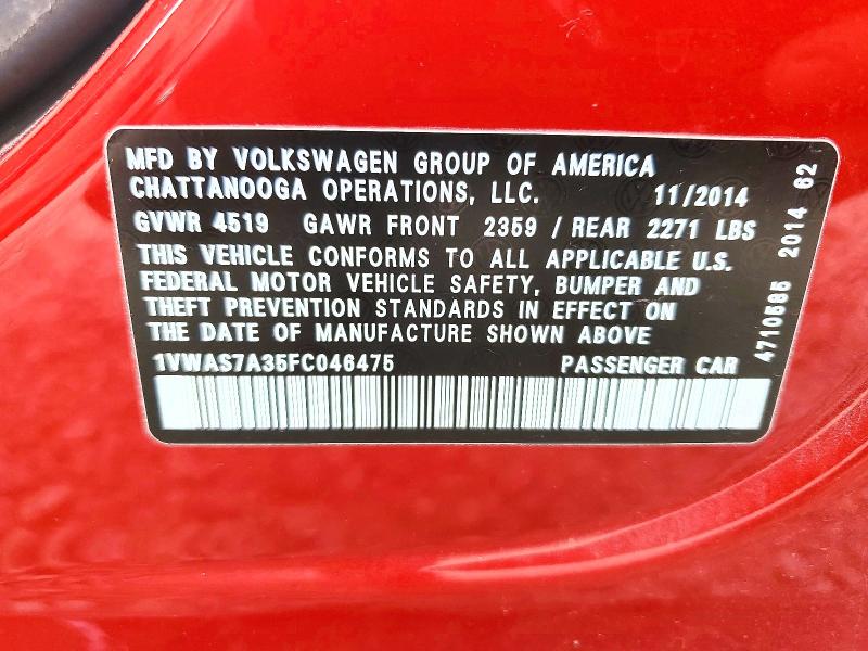 65023426 :رقم المزاد ، 1VWAS7A35FC046475 vin ، 2015 Volkswagen Passat مزاد بيع