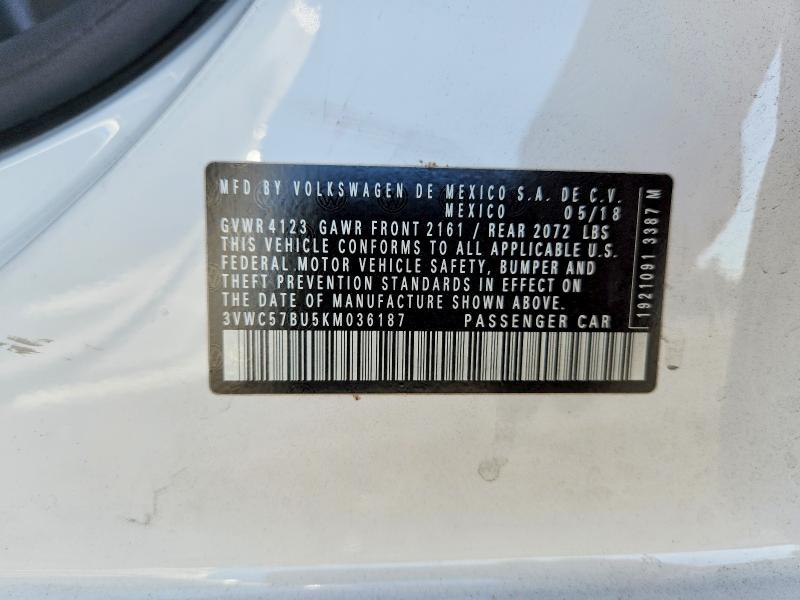 2019 Volkswagen Jetta მანქანა იყიდება აუქციონზე, vin: 3VWC57BU5KM036187, აუქციონის ნომერი: 65569776