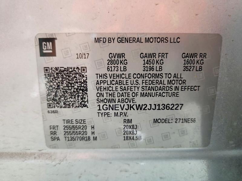 Aukcja sprzedaży 2018 Chevrolet Traverse, vin: 1GNEVJKW2JJ136227, numer aukcji: 63385736