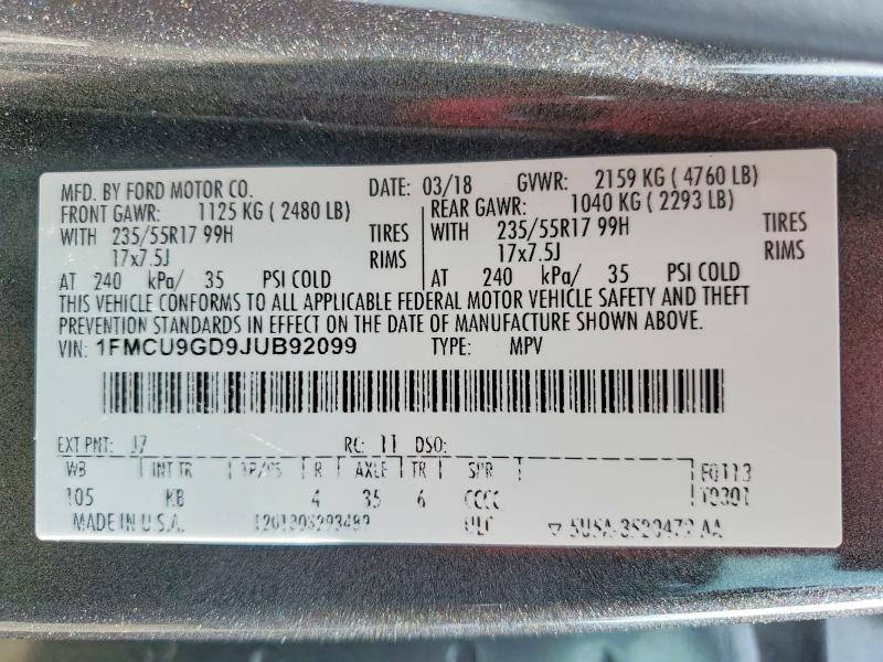 Aukcja sprzedaży 2018 Ford Escape, vin: 1FMCU9GD9JUB92099, numer aukcji: 64031946