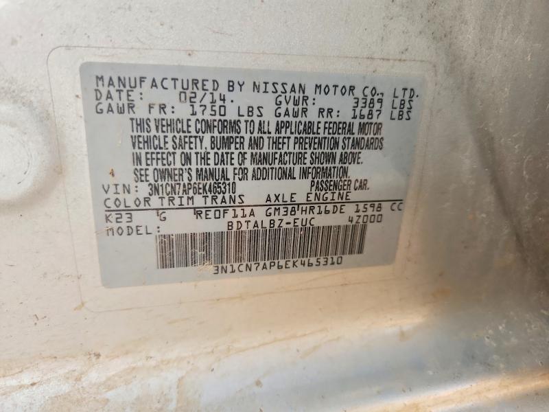 65196956 :رقم المزاد ، 3N1CN7AP6EK465310 vin ، 2014 Nissan Versa مزاد بيع