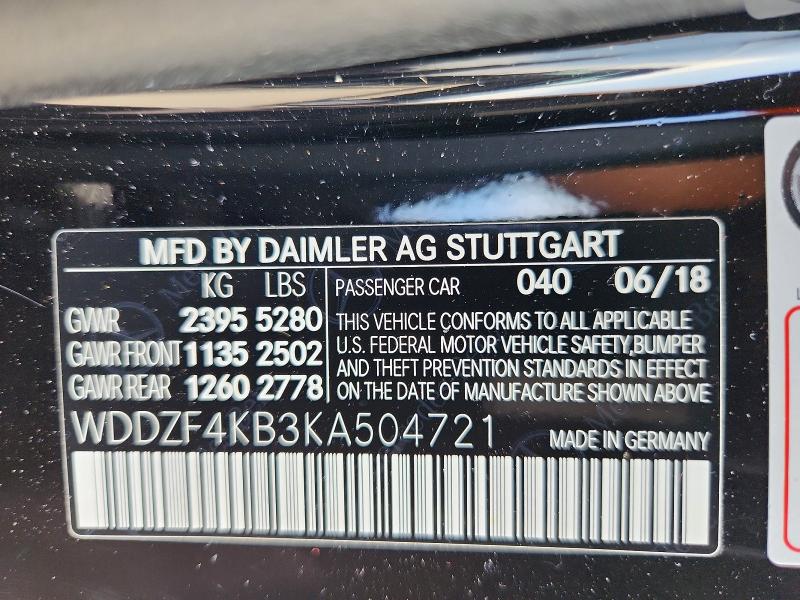 63840126 :رقم المزاد ، WDDZF4KB3KA504721 vin ، 2019 Mercedes-benz E مزاد بيع