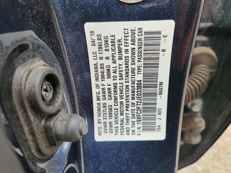 2018 Honda Civic მანქანა იყიდება აუქციონზე, vin: 19XFC2F72JE033804, აუქციონის ნომერი: 64245806