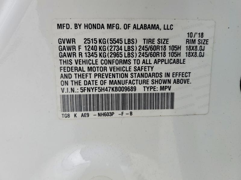Продаж на аукціоні авто 2019 Honda Pilot, vin: 5FNYF5H47KB009689, номер лоту: 66380516