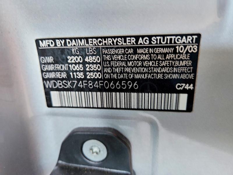 Aukcja sprzedaży 2004 Mercedes-benz Sl, vin: WDBSK74F84F066596, numer aukcji: 64971436