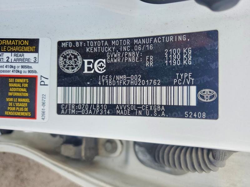 64343566 :رقم المزاد ، 4T1BD1FK7HU201762 vin ، 2017 Toyota Camry مزاد بيع
