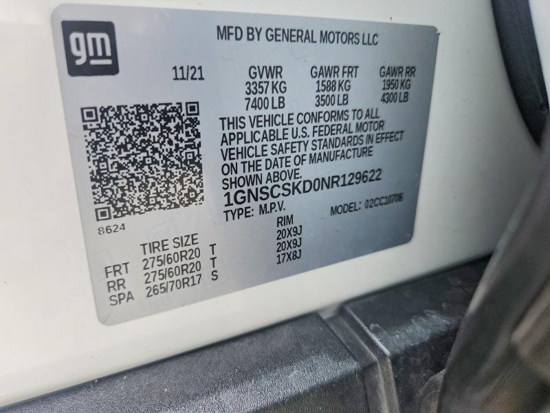 Продаж на аукціоні авто 2022 Chevrolet Tahoe, vin: 1GNSCSKD0NR129622, номер лоту: 63794596