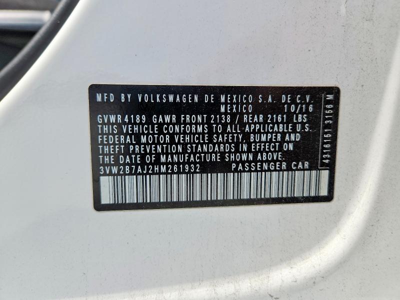 2017 Volkswagen Jetta მანქანა იყიდება აუქციონზე, vin: 3VW2B7AJ2HM261932, აუქციონის ნომერი: 63685026