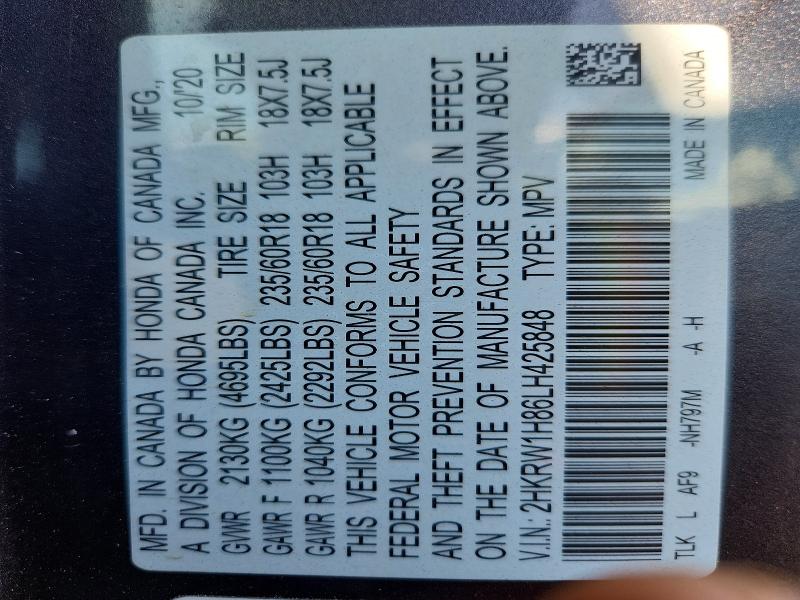64639016 :رقم المزاد ، 2HKRW1H86LH425848 vin ، 2020 Honda Cr-v مزاد بيع
