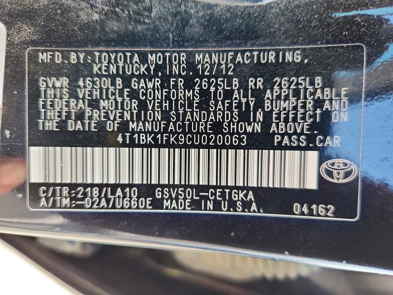 Aukcja sprzedaży 2012 Toyota Camry, vin: 4T1BK1FK9CU020063, numer aukcji: 63545546