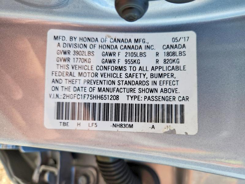 65514566 :رقم المزاد ، 2HGFC1F75HH651208 vin ، 2017 Honda Civic مزاد بيع