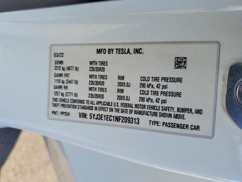 2022 Tesla Model 3 მანქანა იყიდება აუქციონზე, vin: 5YJ3E1EC1NF209313, აუქციონის ნომერი: 63446436