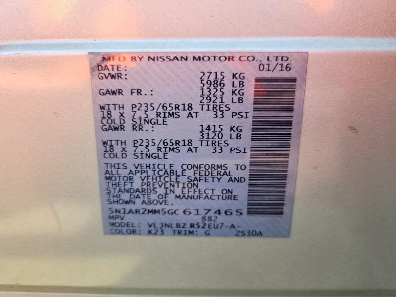 Aukcja sprzedaży 2016 Nissan Pathfinder, vin: 5N1AR2MM5GC617465, numer aukcji: 64668666