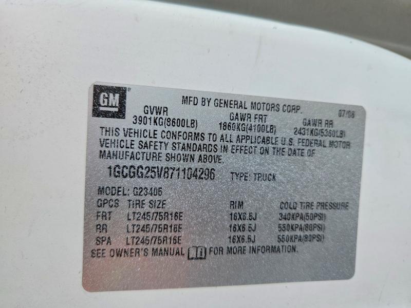 Продажа на аукционе авто 2007 Chevrolet Express G2500, vin: 1GCGG25V871104296, номер лота: 62721576