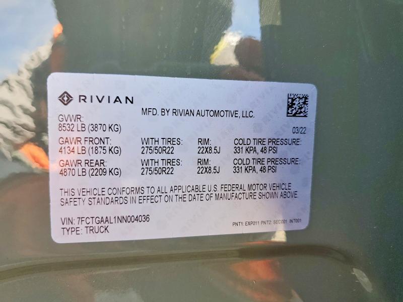 66461126 :رقم المزاد ، 7FCTGAAL1NN004036 vin ، 2022 Rivian R1t مزاد بيع