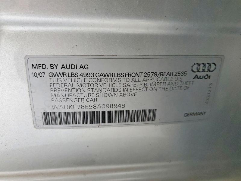 Aukcja sprzedaży 2008 Audi A4, vin: WAUKF78E98A098948, numer aukcji: 63465596