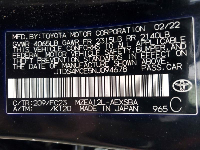 Продажа на аукционе авто 2022 Toyota Corolla, vin: JTDS4MCE5NJ094678, номер лота: 64226586