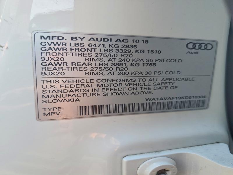2019 Audi Q8 მანქანა იყიდება აუქციონზე, vin: WA1AVAF19KD010334, აუქციონის ნომერი: 66126926