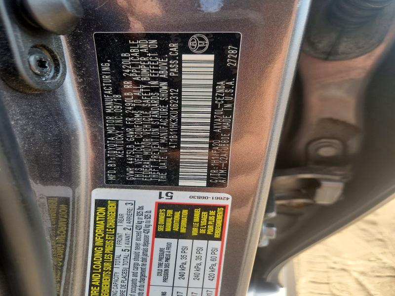 67066656 :رقم المزاد ، 4T1B11HK3KU162312 vin ، 2019 Toyota Camry مزاد بيع