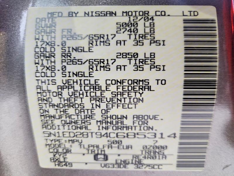 2004 Nissan Xterra მანქანა იყიდება აუქციონზე, vin: 5N1ED28T94C685314, აუქციონის ნომერი: 62796866