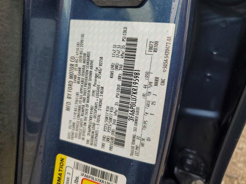 64773716 :رقم المزاد ، 3FA6P0LU7KR195981 vin ، 2019 Ford Fusion مزاد بيع