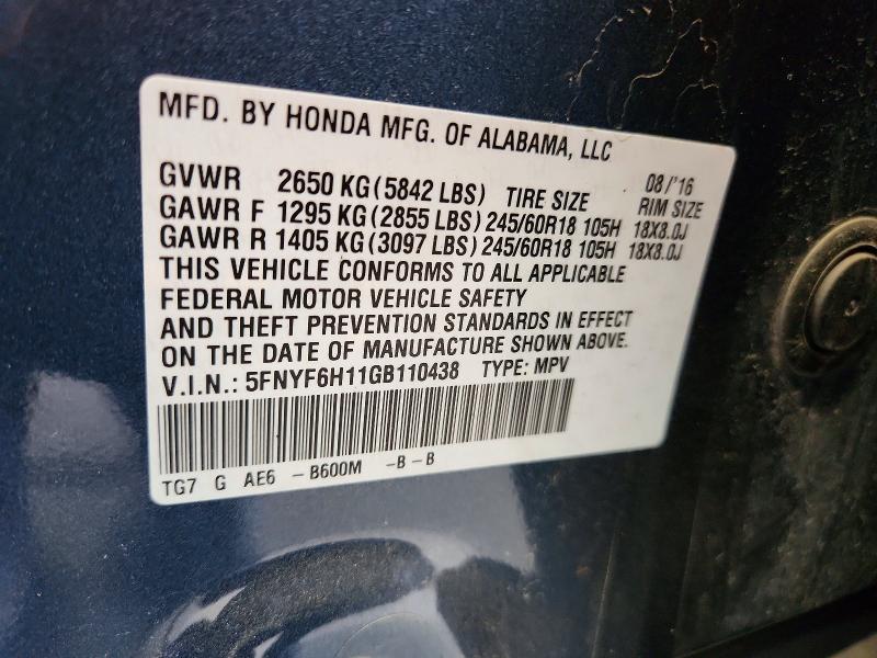 Aukcja sprzedaży 2016 Honda Pilot, vin: 5FNYF6H11GB110438, numer aukcji: 64571086