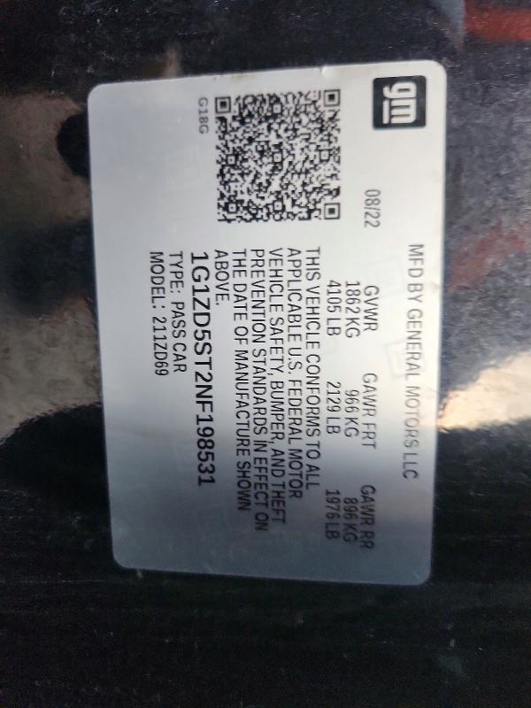 65947576 :رقم المزاد ، 1G1ZD5ST2NF198531 vin ، 2022 Chevrolet Malibu مزاد بيع