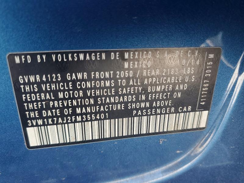 2015 Volkswagen Jetta მანქანა იყიდება აუქციონზე, vin: 3VW1K7AJ2FM355401, აუქციონის ნომერი: 65038416