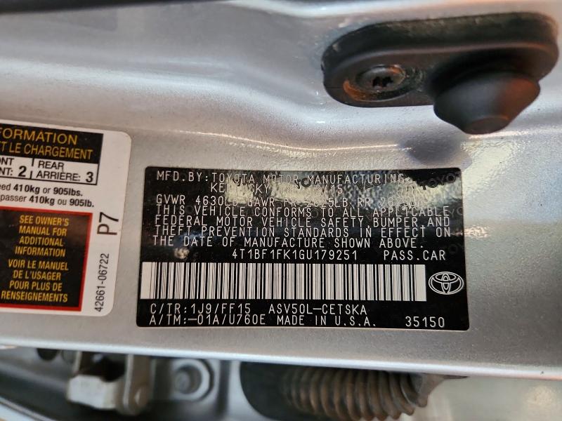 2016 Toyota Camry მანქანა იყიდება აუქციონზე, vin: 4T1BF1FK1GU179251, აუქციონის ნომერი: 63703426