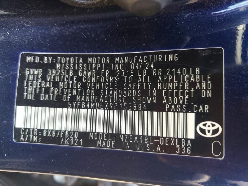 2024 Toyota Corolla მანქანა იყიდება აუქციონზე, vin: 5YFB4MDEXRP155894, აუქციონის ნომერი: 63741516