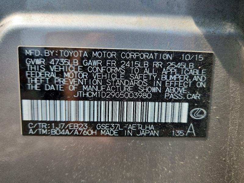 64449786 :رقم المزاد ، JTHCM1D29G5003980 vin ، 2016 Lexus Is مزاد بيع