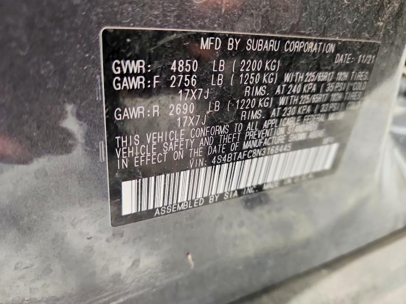 2022 Subaru Outback მანქანა იყიდება აუქციონზე, vin: 4S4BTAFC8N3168445, აუქციონის ნომერი: 64293126