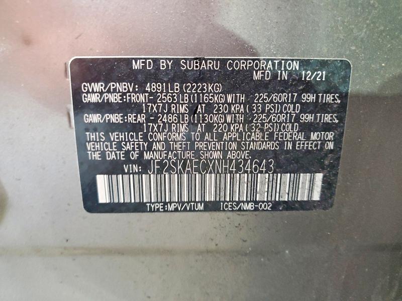 63370326 :رقم المزاد ، JF2SKAECXNH434643 vin ، 2022 Subaru Forester مزاد بيع