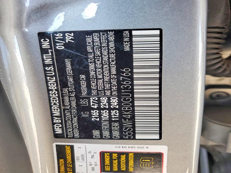 64463656 :رقم المزاد ، 55SWF4KB0GU136766 vin ، 2016 Mercedes-benz C مزاد بيع