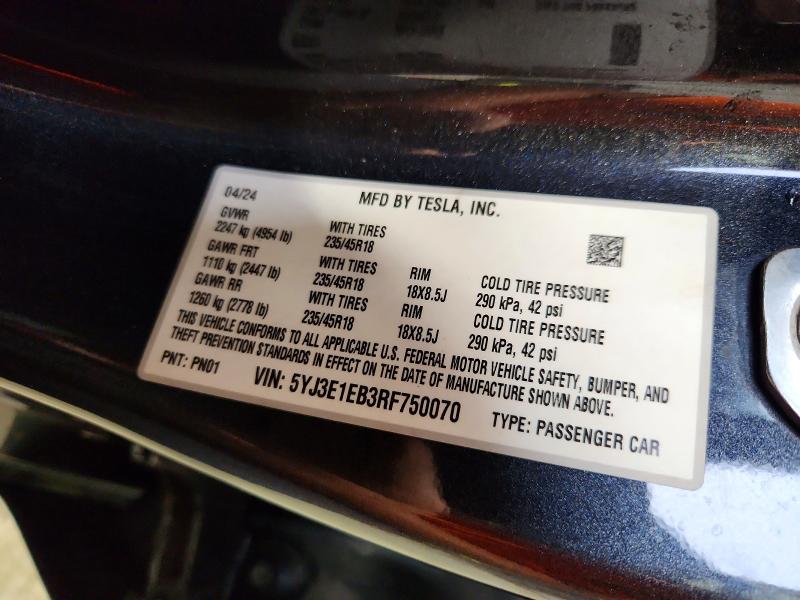 Продаж на аукціоні авто 2024 Tesla Model 3, vin: 5YJ3E1EB3RF750070, номер лоту: 61196036