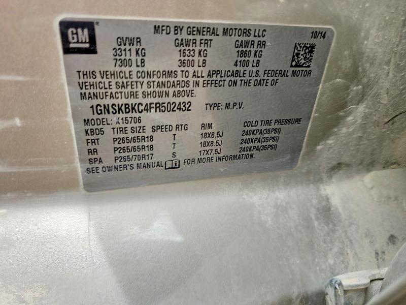 2015 Chevrolet Tahoe მანქანა იყიდება აუქციონზე, vin: 1GNSKBKC4FR502432, აუქციონის ნომერი: 65863686