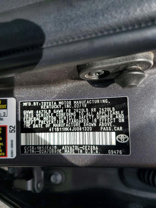 66929896 :رقم المزاد ، 4T1B11HK4JU081320 vin ، 2018 Toyota Camry مزاد بيع