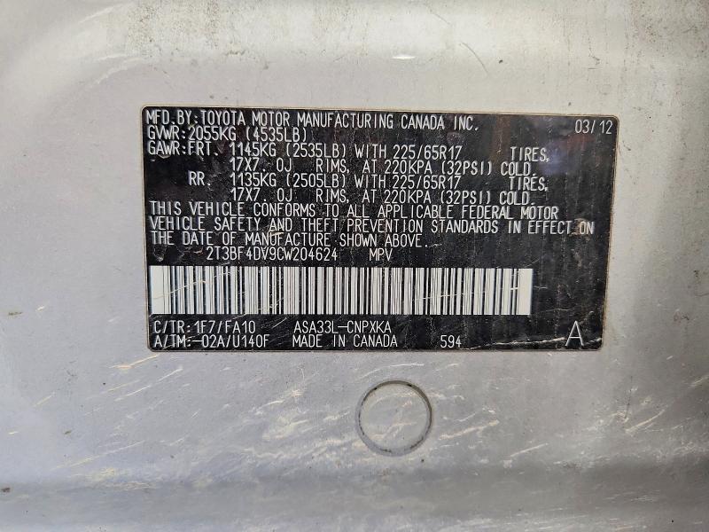 Aukcja sprzedaży 2012 Toyota Rav4, vin: 2T3BF4DV9CW204624, numer aukcji: 64513296