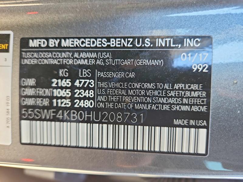 2017 Mercedes-benz C მანქანა იყიდება აუქციონზე, vin: 55SWF4KB0HU208731, აუქციონის ნომერი: 65567866
