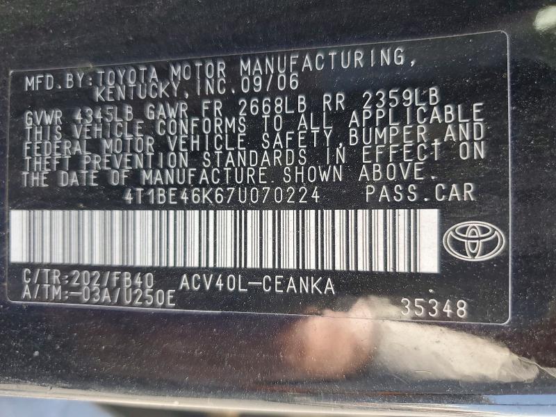Aukcja sprzedaży 2007 Toyota Camry, vin: 4T1BE46K67U070224, numer aukcji: 63900206