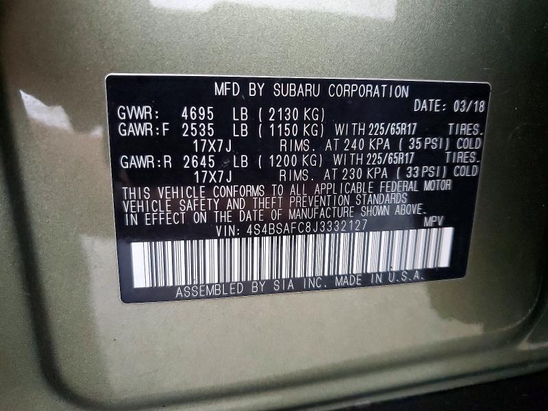 Продажа на аукционе авто 2018 Subaru Outback, vin: 4S4BSAFC8J3332127, номер лота: 66795526