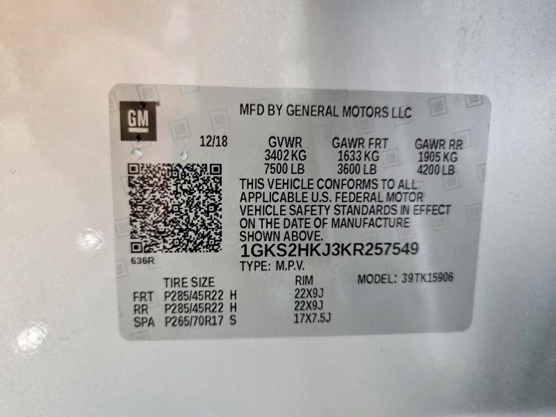 2019 Gmc Yukon Xl მანქანა იყიდება აუქციონზე, vin: 1GKS2HKJ3KR257549, აუქციონის ნომერი: 64676786