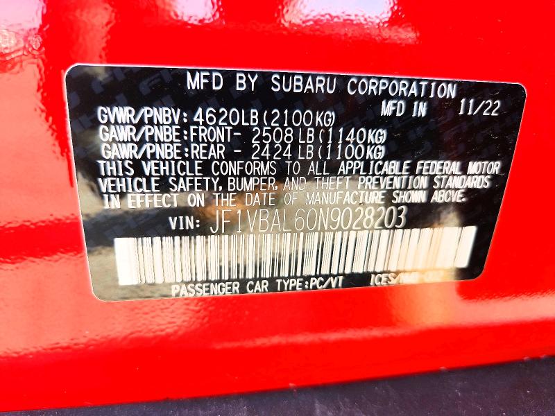 Продаж на аукціоні авто 2022 Subaru Wrx, vin: JF1VBAL60N9028203, номер лоту: 65371376