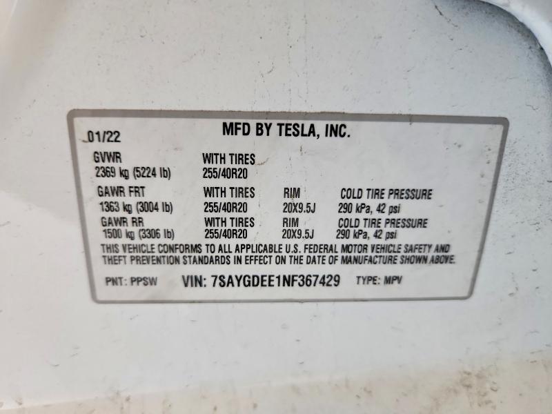 Продаж на аукціоні авто 2022 Tesla Model Y, vin: 7SAYGDEE1NF367429, номер лоту: 63620996
