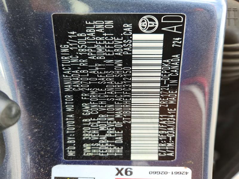 65006596 :رقم المزاد ، 2T1BURHEXFC312150 vin ، 2015 Toyota Corolla مزاد بيع