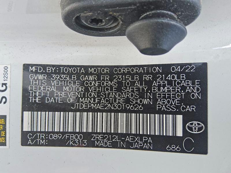 2022 Toyota Corolla მანქანა იყიდება აუქციონზე, vin: JTDEPMAE2N3019626, აუქციონის ნომერი: 63532146